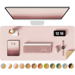 Double-Sided Desk Pad, 31.5"x15.7"Leather Desk Mat, Eco Cork Desk Pad Protector,Large Mouse Pad,Waterproof Desk Blotter for Office/Home(Pink)