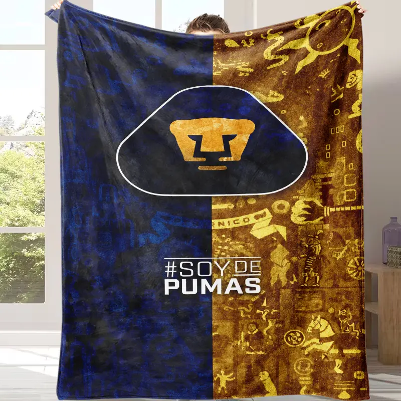 Retro Aztec Pumas UNAM Soccer Blanket, Soy De Pumas Team Logo Flannel Throw, Trendy Mexican Football Home Decor, Warm Cozy Blanket, Must-Have Fan Merch Gift for Pumas UNAM Fans