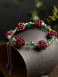 Vintage Ethnic Style Fake Garnet Handmade Beaded Enamel Stretch Adjustable Bracelet, Unisex Fish Tassel Pendant, Daily Wear Jewelry