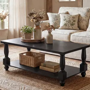 Homieasy Farmhouse Coffee Table with Storage 47" Rectangular Living Room Center Table Solid Wood Legs Thickened Top 2-Tier Wood Coffee Table Turned Legs Easy Assembly Black Furniture Table