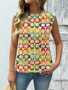 Geometric Pattern Colorblock Print Round Neck Sweater, Casual Sleeveless Knitwear for Spring Summer Fall, Comfortable Warm Women's Clothing