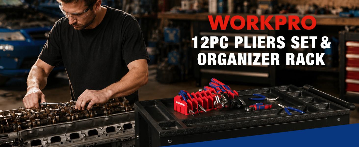 #backtoschool WORKPRO Pliers & Wrench Set, 12-Piece Pliers Tool Set with Organizer, Include Needle Nose, Wire Cutter, Groove Joint, Slip Joint, Long Nose, Diagonal Plier, For Home & Garage, Father's Day Suitable