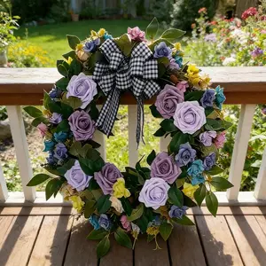 Artificial Spring Lavender Wreath, and Roses with Plaid Bow, Farmhouse Style Porch Decor, Perfect for Mother's Day and Weddings