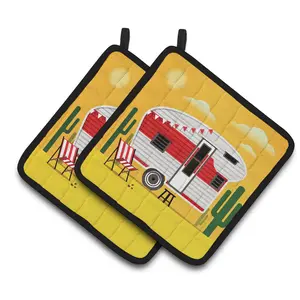 212 MAIN Thick Fabric Hanging Oven Pot Holders - 7.5x7.5in Colorful Retro Desert Camper Art Design, 2-Piece Set for Home Kitchen Linens