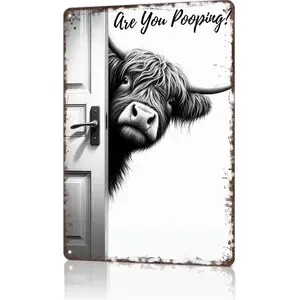 20x30cm/8x12inch Vintage Highland Cow Aluminium Sign, Funny "Are You Pooping?" Black and White Bathroom Wall Decor Plaque for Highland Cow Enthusiasts