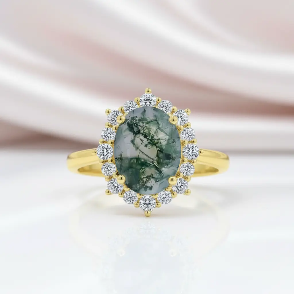 2.85 ct Moss Agate Oval Cut Cluster Halo Engagement Ring