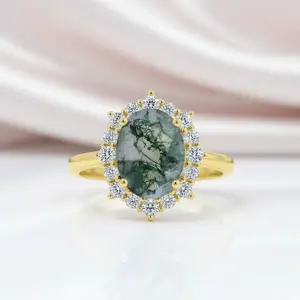 2.85 ct Moss Agate Oval Cut Cluster Halo Engagement Ring