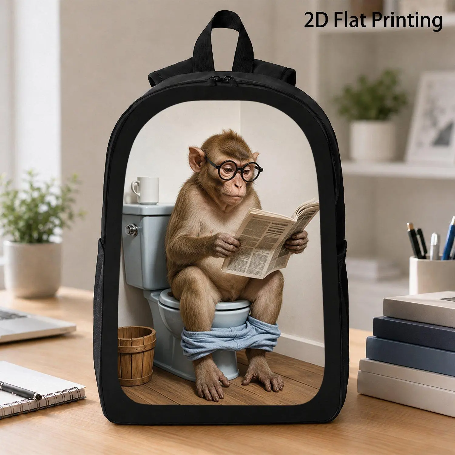 [17 Inch Backpack] 1pc Monkey Wearing Black Glasses Reading Newspaper On Toilet Funny Primate Print Backpack Kawaii Casual Backpack For Teen School Daily Travel