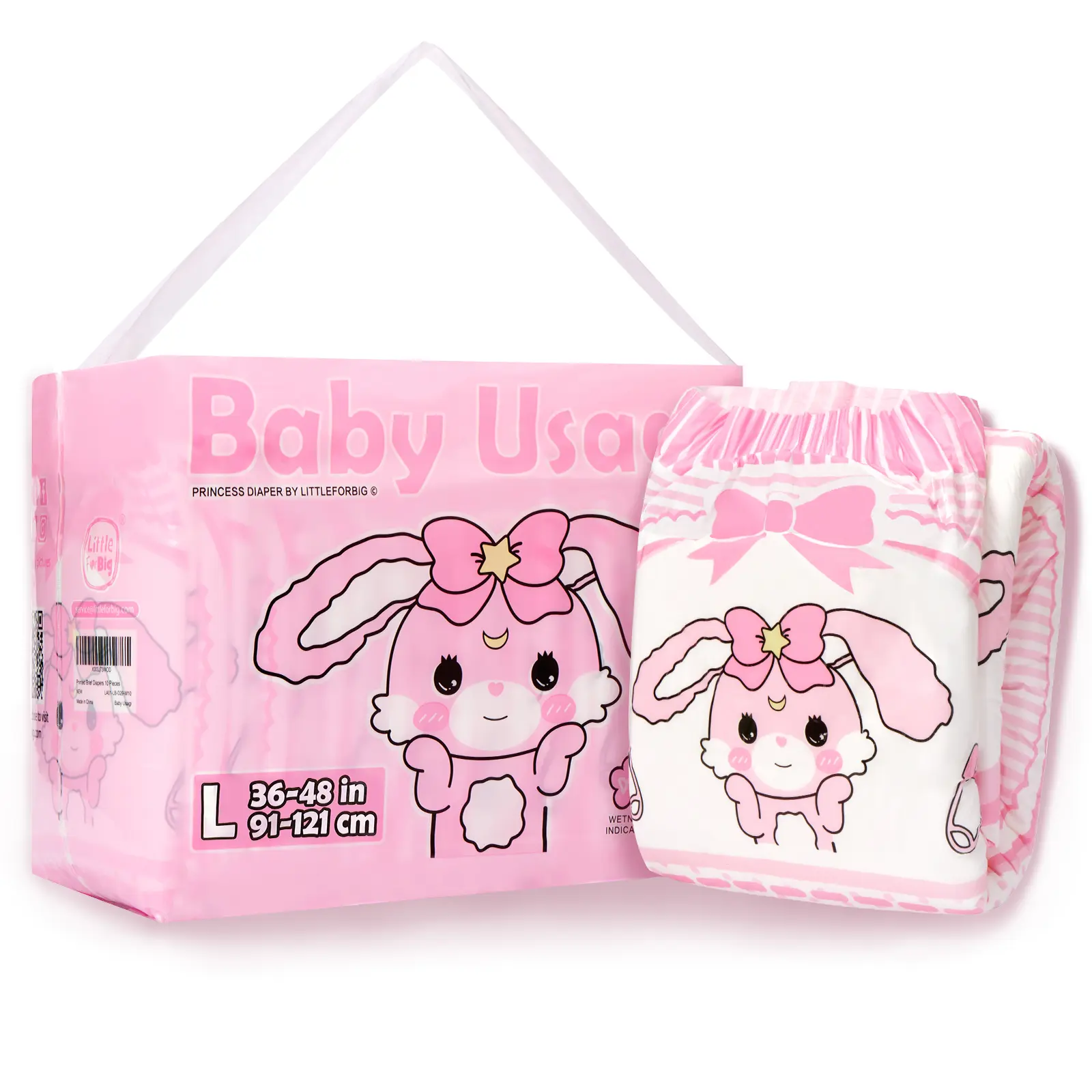 LITTLEFORBIG Adult Diapers, Soft Disposable Briefs with Baby Usagi Theme, High Absorbency for Overnight Protection, 10 Count (Waist 36-48 in), Plastic, Adults