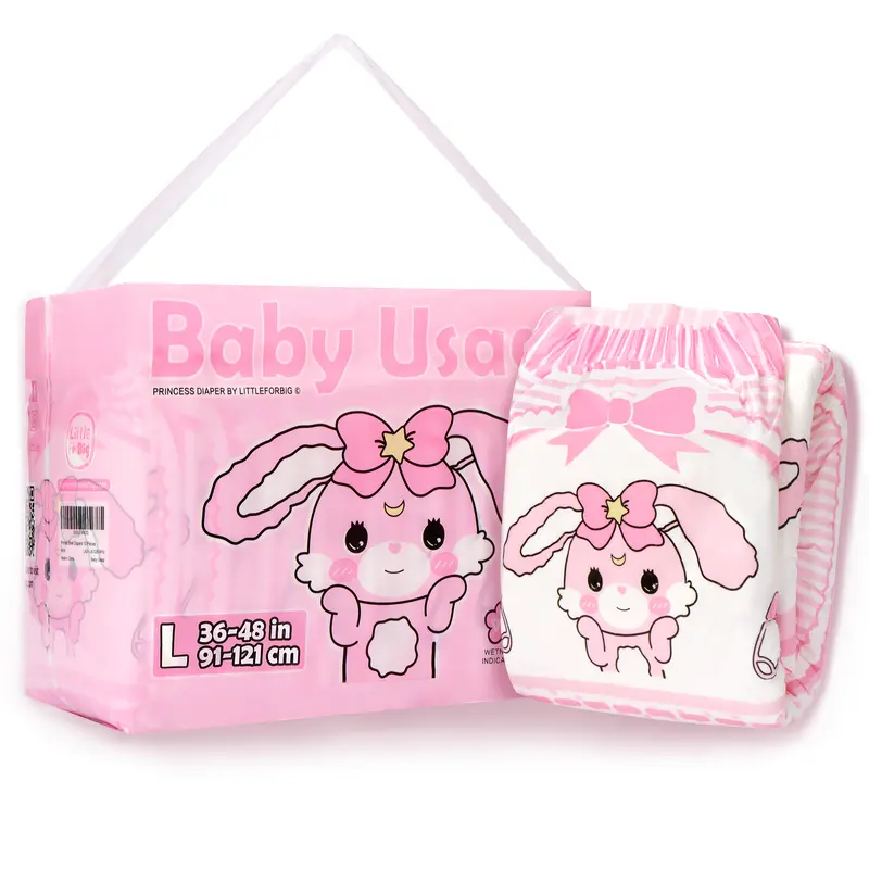 LITTLEFORBIG Unisex Soft Leak-Proof Adult Diapers, Baby Usagi Theme Plastic Briefs, 181oz Maximum Overnight Protection, 36-48in Waist, Adjustable Tape, 10-Pieces