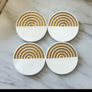 Gold and White Stone Coasters - Set of 2 or 4 Concrete Round Coasters for Housewares - Tableware
