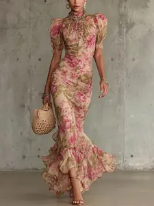 2026 New French Bubble Sleeve Print Slim Fit Long Dress, Elegant Back Zipper Design, Sexy Mesh Fish Tail Skirt for Spring Summer