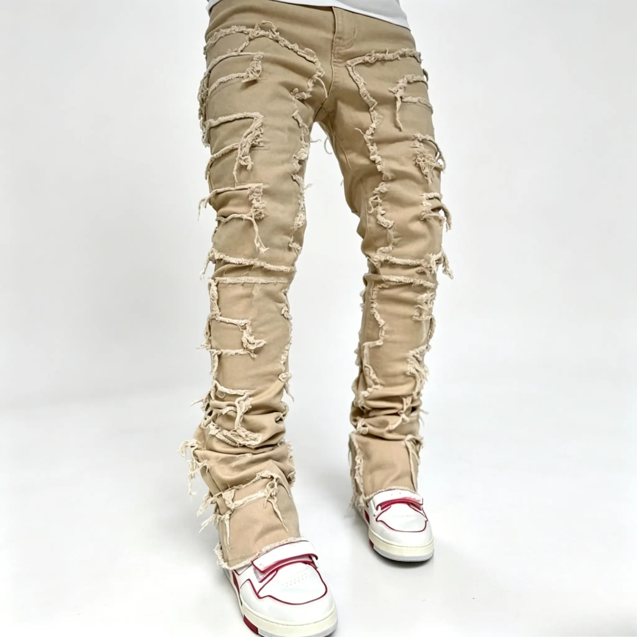 Menswear Men's Vintage Stacked Spliced Slim Flared Denim Jeans - Plain, Pocket-Design, Khaki, Hiphop Streetwear, Casual Biker Trousers for Summer Sale