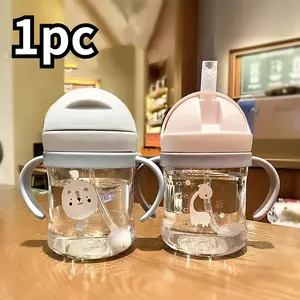 Cute cartoon Washable Reusable Portable water bottle with Straw tube, graduated sippy cup, 250ml（8.45oz） Baby Bottle