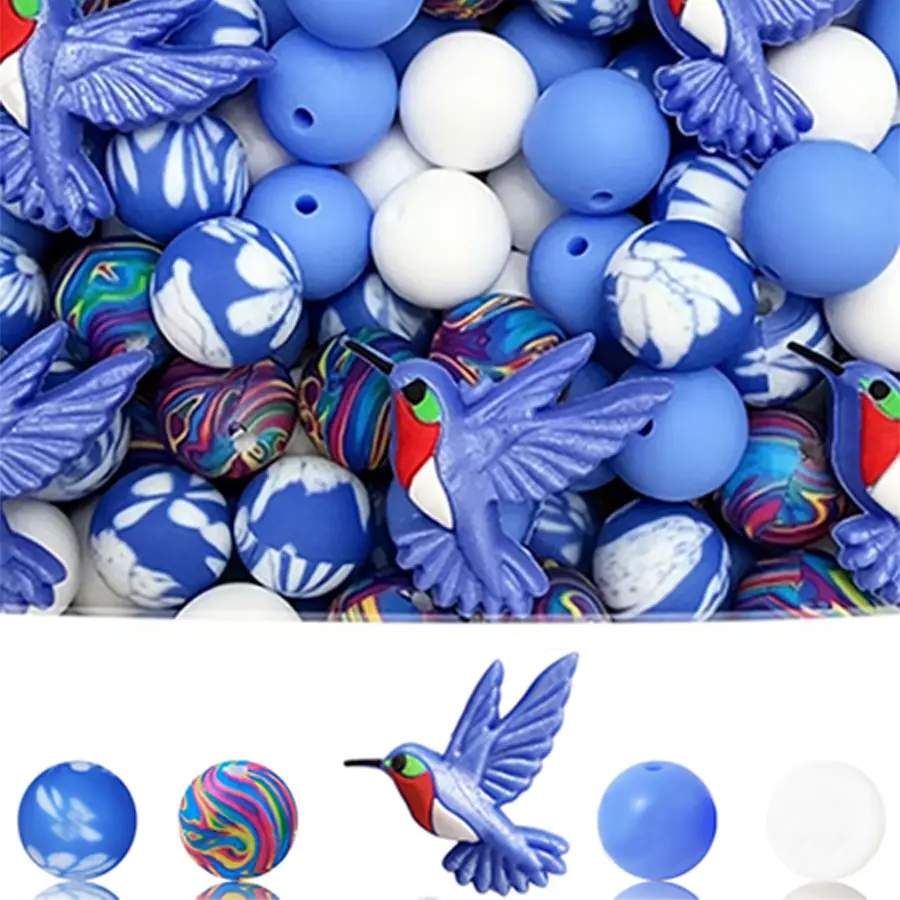 33-Piece Bright Blue-and-White Soft Silicone Hummingbird Beads Set, Dreamy Hummingbird Theme Forest Charm DIY Jewelry Making Kit for Earrings, Makeup Brush Chains, Independence Day & Casual Occasions, Ideal Gift for Craft Enthusiasts