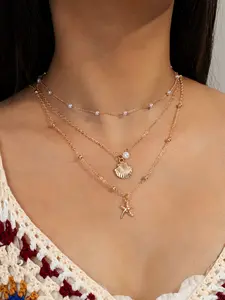 Ocean Resort Style Layered Necklace, Shell Starfish Pendant, Imitation Pearl Choker, Unique Beachwear Jewelry