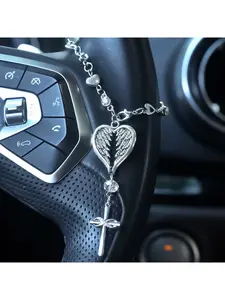 Guardian Angel Heart-shaped Steel-colored Wings Steering Wheel Charm Cross Pendant Accessory