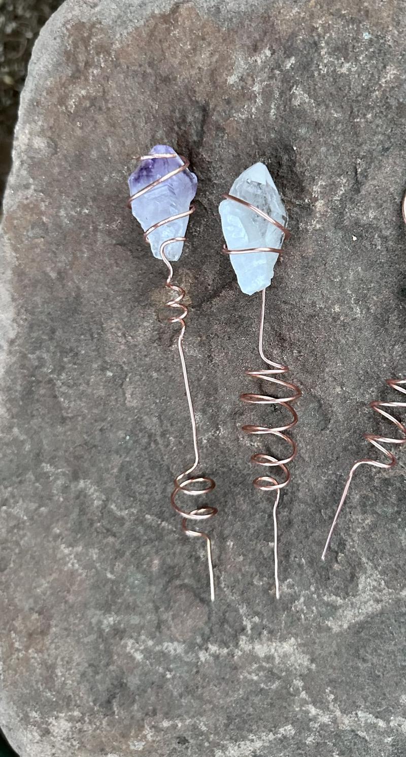 Pure Copper Electroculture plant spikes~potted plant stakes for better plant growth~whimsical wire wrapped crystal garden decor~gemstone garden spikes