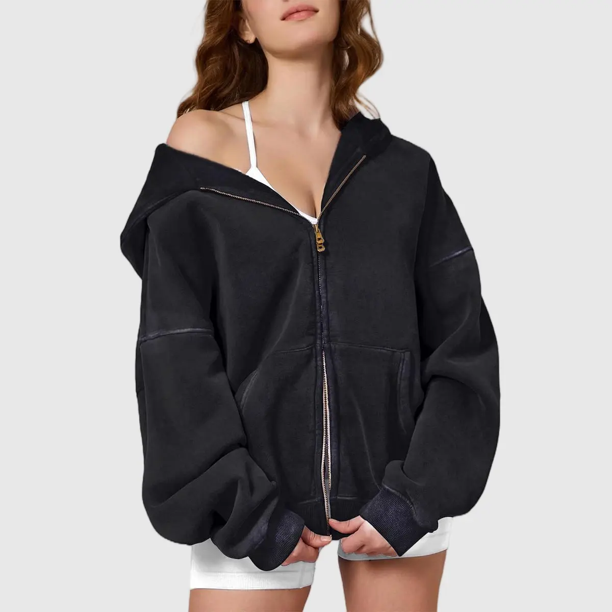 Women's Zip Up Hoodie, Plus Size Oversized Sweatshirt in Heavyweight Cotton Fleece, Casual Distressed Acid Wash Top with Double Zipper, Soft, Basic
