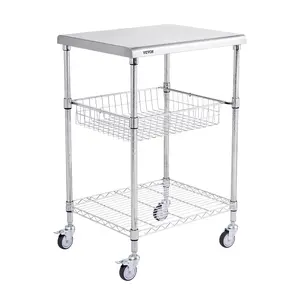 VEVOR Kitchen Utility Cart,  3 Tiers, Wire Rolling Cart with 470LBS Capacity, Steel Service Cart on Wheels, Metal Storage Trolley with 76mm Basket Curved Handle PP Liner 6 Hooks, for Indoor and Outdoor Organiser Racks
