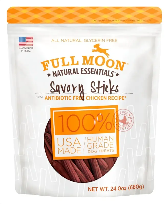 Full Moon All Natural Human Grade Dog Treats Essential Chicken Savory Sticks 24 Ounce USDA Approved Cage Free USA Grown Chicken No Fillers