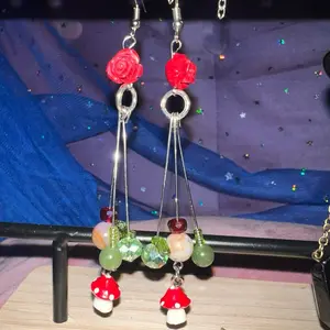 Red mushroom chandelier beaded earrings
