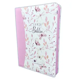 Bible in Spanish for Women Letter 15 points with Zipper Reina Valera 1960 Imitation Leather Two Toned Floral Pink and Butterflies with Index