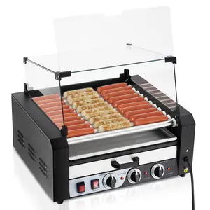 Large capacity commercial hot dog drum barbecue machine -11 stainless steel drums, 30 hot dog capacity, 1950W, dual temperature control, glass cover, built-in bread bag heater, detachable drip tray - ideal choice for restaurants, food trucks, parties