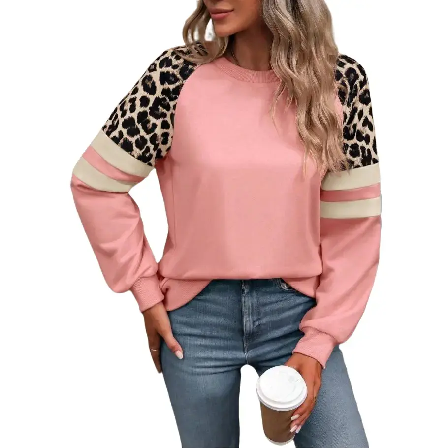 Women's Leopard Print Long-Sleeve Color-Block Crewneck Sweatshirt - Comfortable, Sporty Style for Fall Everyday Wear, Longsleeves, Loose