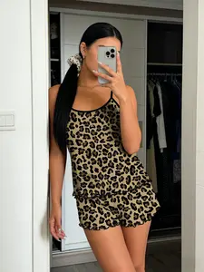Classic Leopard Print Pajama Set, Sleeveless Above Knee Sleepwear, Sexy Slim-Fit Home, Breathable and Comfortable