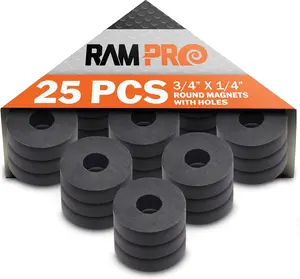 RAM-PRO 25-Piece Powerful Magnetic Round Ferrite Magnet Discs with ¼ Dia. Holes (3/4" x 1/4") – Universal Use on Frigidaires, Bulletin Boards & Arts-Crafts Projects, Etc.