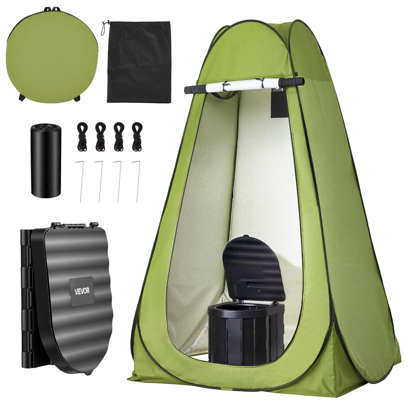 VEVOR ABS Foldable Compact Portable Toilet Kit, 330lb Load Capacity, Adult-Fit Camping Potty with 170T Polyester Wear-Resistant Quick-Setup Privacy Tent, Carry Bag, Trash Bags for Hiking, RV Travel, 170T Polyester Tent
