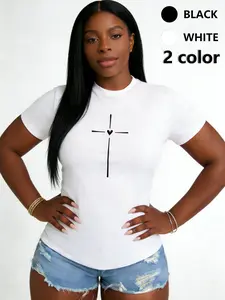 Women's Trendy Letter Print Round Neck Tee Soft Short Sleeve Casual Shirt for Everyday Wear