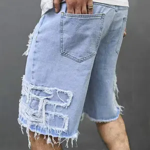 Men’s Light Blue Ripped Frayed Denim Shorts - Vintage Patch Design, Mid-Thigh Length, Stylish Streetwear for Outdoor Casual Wear #SummerWins, Frayed Men's Shorts