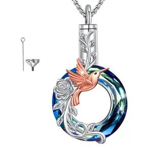 DRINSPER S925 Urn Necklace Cremation Jewelry Crtystal Round Decor Keepsake Jewelry