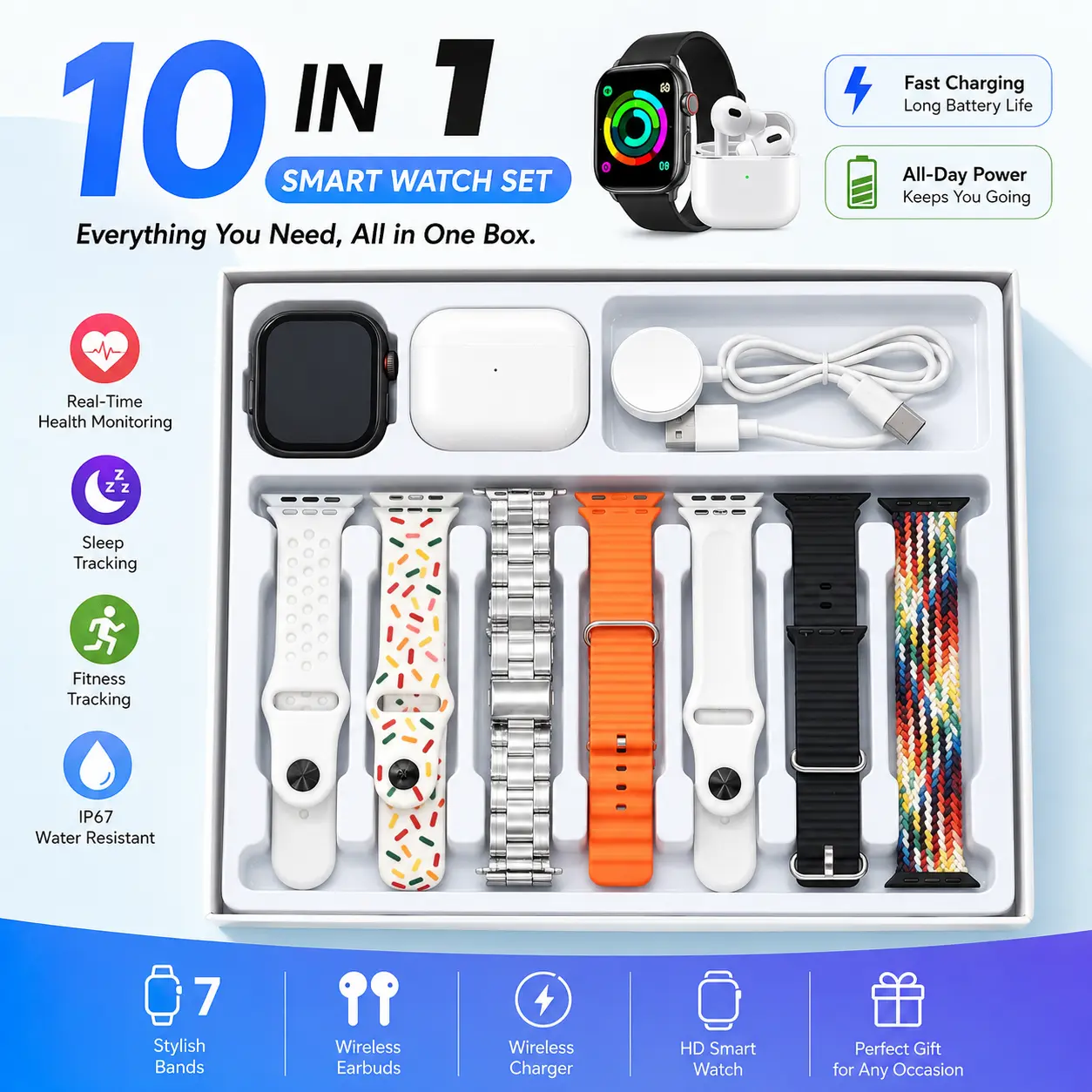 Smart Watch , Interchangeable Watch Straps , Wireless Charger HD Touch Screen Heart Rate Sleep Monitor Waterproof Fitness