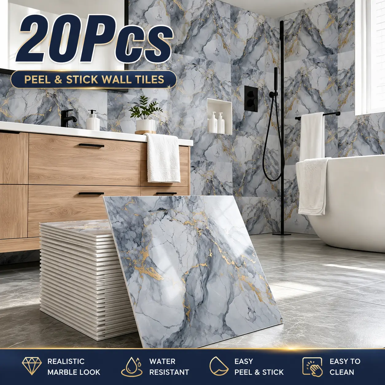 20-Pack Self-Adhesive Waterproof Marble Tile Stickers, 3D Depth Effect 11.8"x11.8" Square Foam Panels, Extra Thick, Peel-Stick Fast, Cuttable, Easy to Clean, Easy-Remove Indoor Wall Decor for Bathroom, Living Room (Fits 11.8" Tiles)