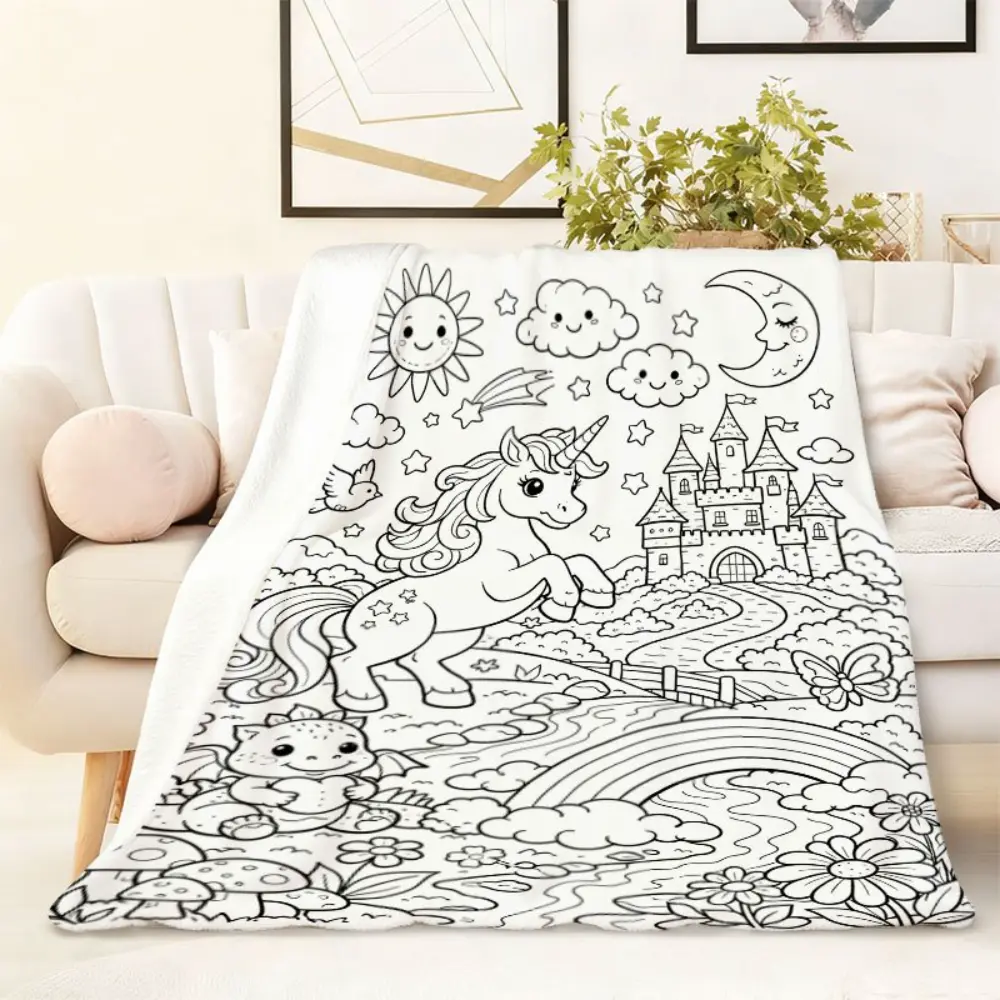 Unicorn Coloring Book Style Blanket, Soft Flannel Throw Blanket with Black White Unicorn Castle Rainbow Print, Cozy Gift for Kids Girls Toddlers and Unicorn Lovers, Fun Fantasy Nursery Bedroom Decor for Bed Couch Sofa, Lightweight Warm Blanket