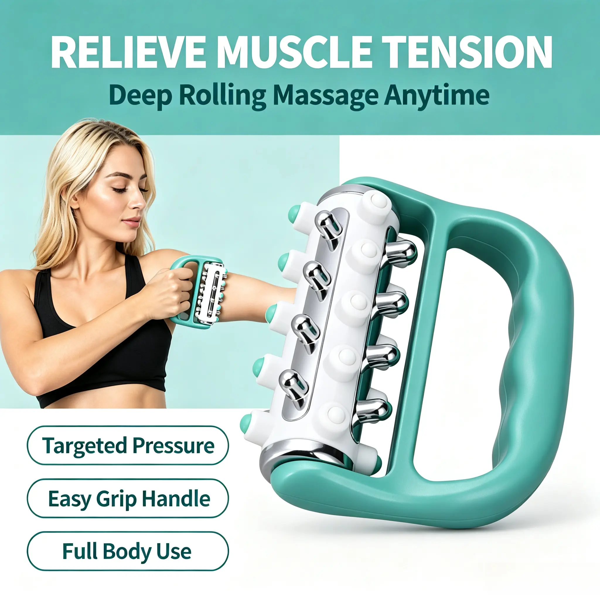 Handheld Textured Roller Muscle Massager with Ergonomic D-Handle - ABS Plastic Gym/Running Tool for Post-Workout Recovery, Body-Wide Deep Tissue Relief, Neuropathy Pain, Body-Wide Use