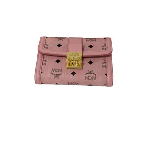 Pre-owned MCM Leather Wallet Small Tracy Trifold Pink Visetos Monogram Gold Hardware w/ Box & Dust Bag