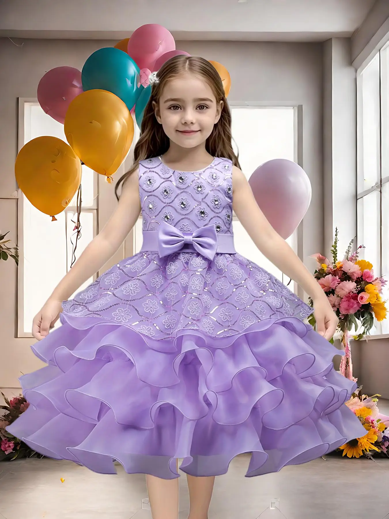 Girl's Contrast Sequin Bow Decor Tiered Layer Fit and Flare Party Dress, Elegant Sleeveless Round Neck Party Dress for Performance Show Wear, Kids Clo