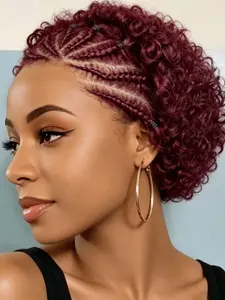 13x4 Lace Front Braided Wigs, Human Hair Short Curly Burgundy Wig, Pre Plucked with Baby Hair, Natural Look for Women