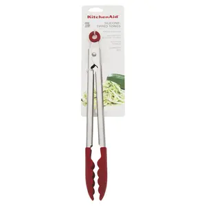 KitchenAid Silicone & Stainless Steel Tip Tongs, 1.38 x 10.83 in, Silver & Red Kitchen Utensils, Dishwasher Safe & Easy Clean Cooking Tongs