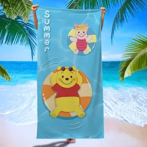 Summer Wind Winnie-The-Pooh Beach Towel, Blue Background Cute Pooh Piglet, Creative Digital Print Cartoon Bath Towel, Reusable Sunscreen