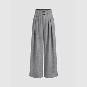 Cider [2 colors, size 0-10] Mid Waist Striped Pleated Button Trousers