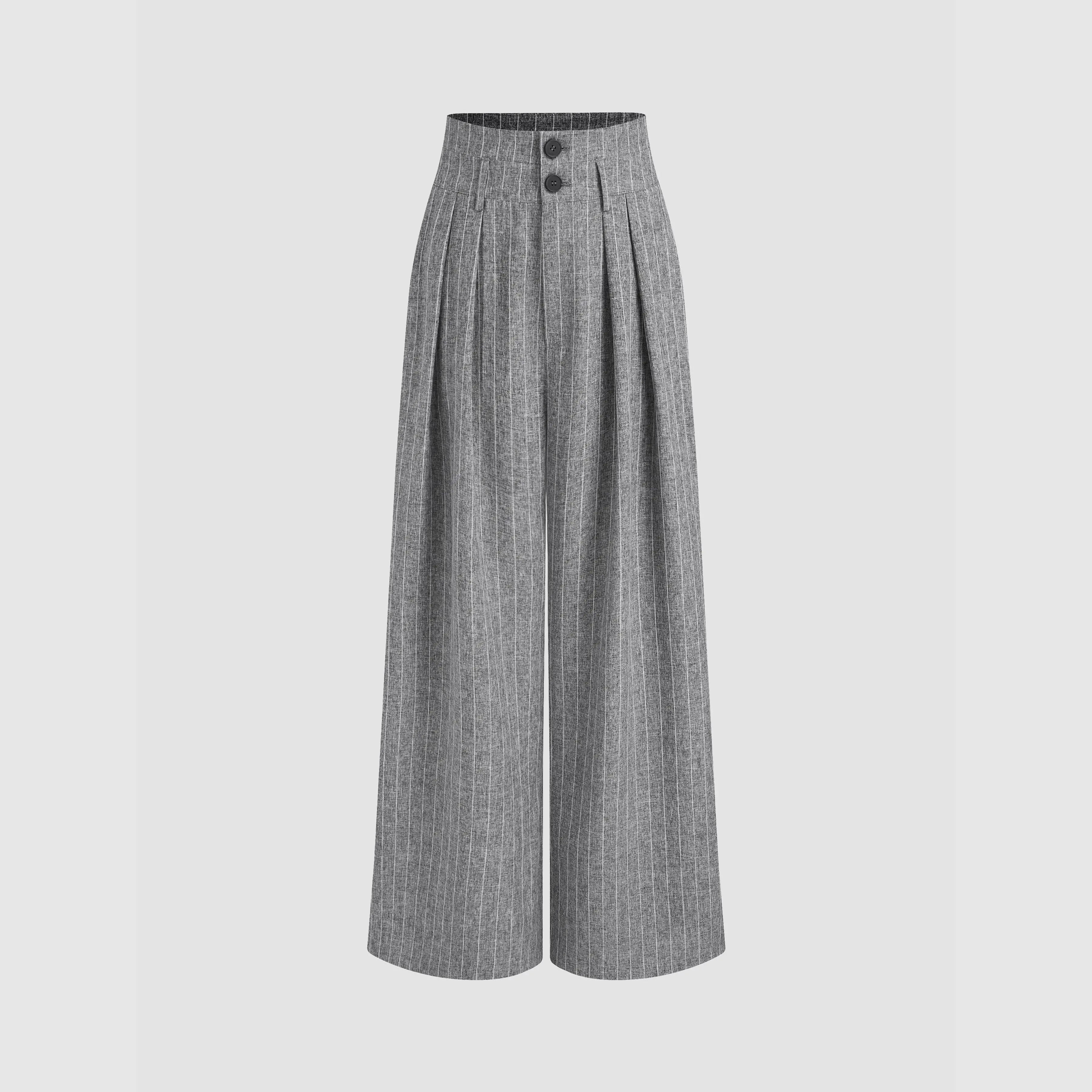 Cider Women's Basic Casual Striped Wide Leg Trousers, Mid Waist Pleated Button Front Fashion Bottoms, Wide Legged Pants, Pants, Cool And Casual Pants, High-Waisted Pleated Pants