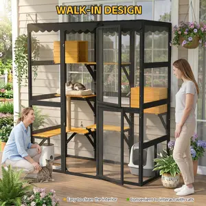 SAVEYOUR Premium Large Walk-in Wooden Cat Catio, Weatherproof Outdoor Cat Enclosure for Multiple Indoor Outdoor Cats, Upgraded Cat House with Window Connection, 2 Private Condos, 5 Multi-Level Platforms, 4 Entry Doors and Durable Weatherproof Roof Cover