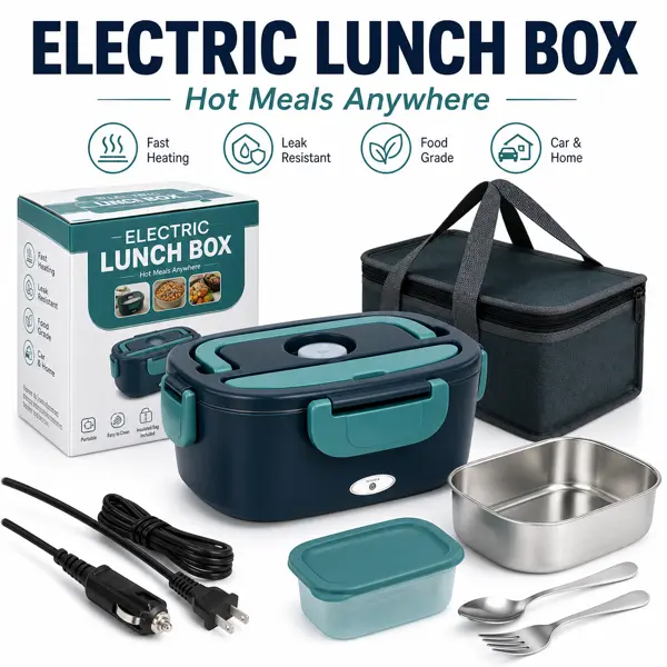 Portable Electric Lunch Box Food Warmer with Stainless Steel Tray, Dual Power Cables, Insulated Carry Bag and Utensils for Work, Home, Car and Travel