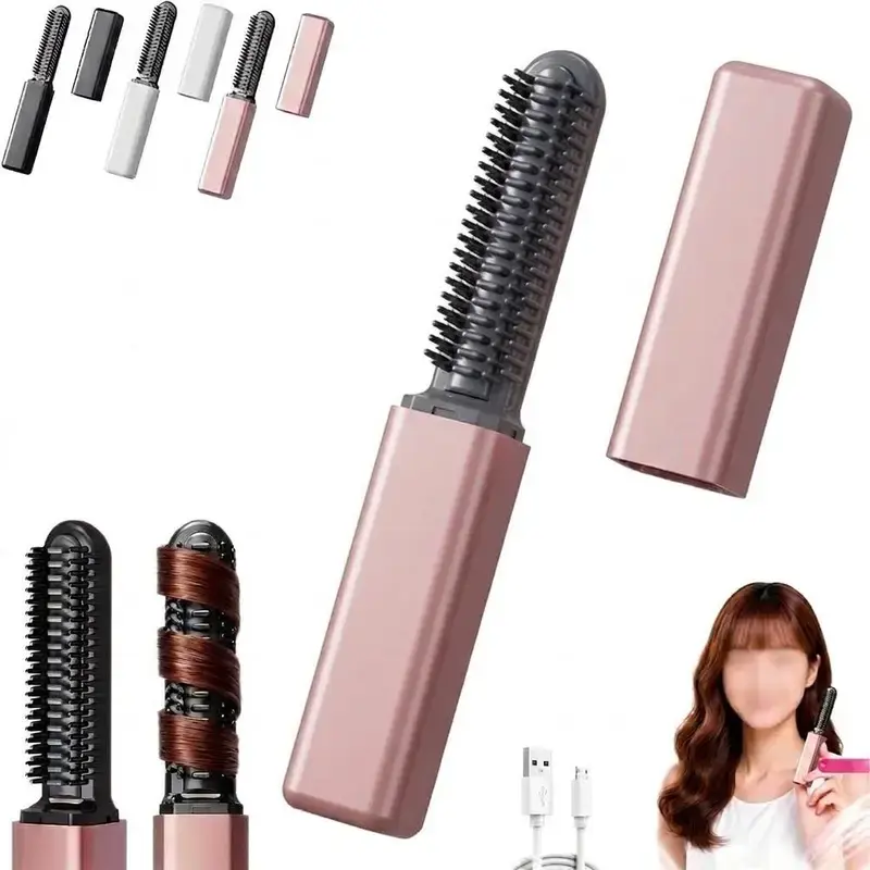 Portable Cordless Lightweight Mini Hair Straightener Brush - Frizz-Free Daily Smooth Styling Tool for Bangs, Root Volume, Travel Use (Pocket-Sized for Gym)