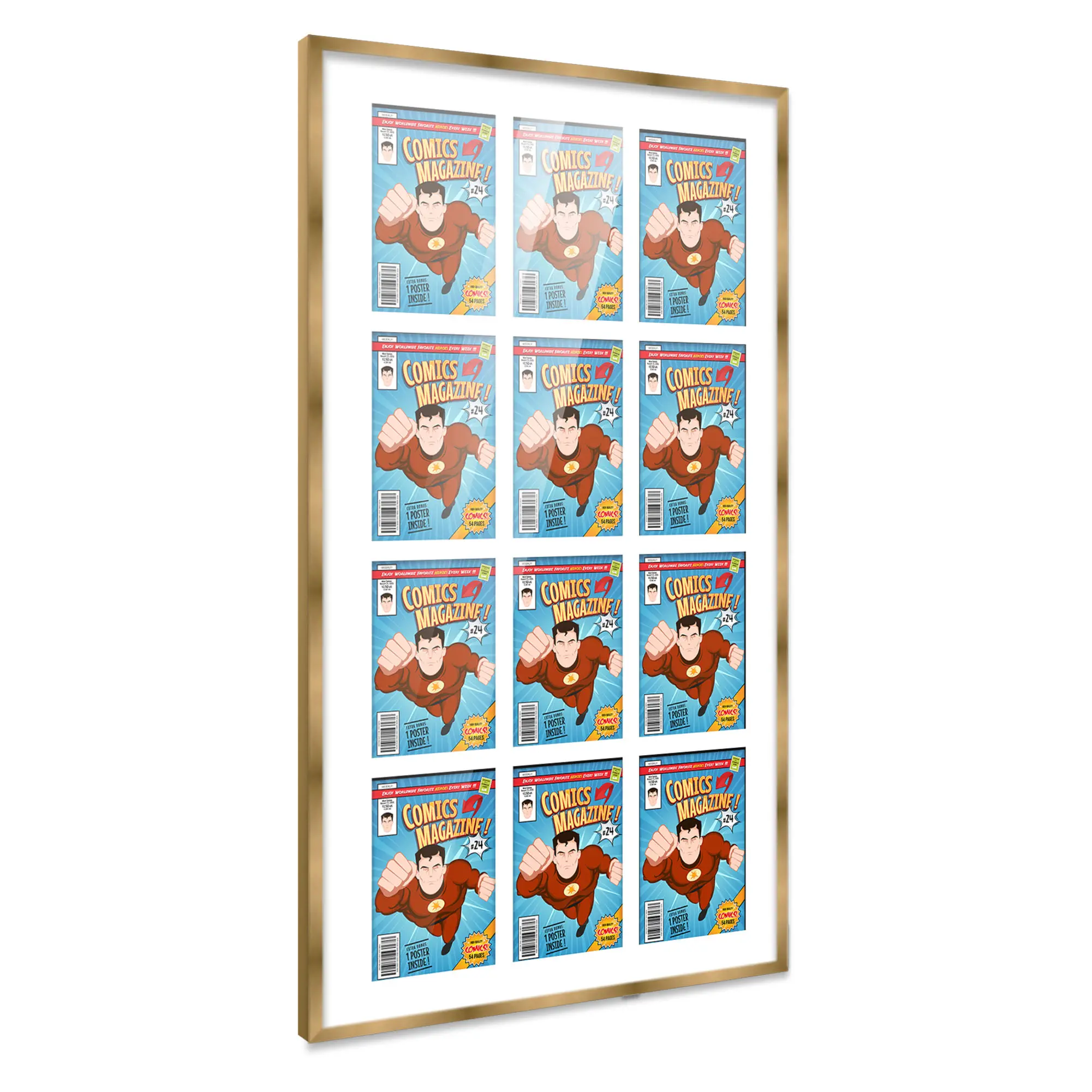 Comic Book Frame with Mat for 12 Current Era Comics Published After 1985 - Bronze Wood Comic Frame With White Mat for 6.875x10.5 Comics - 29x50.5 Frame Size